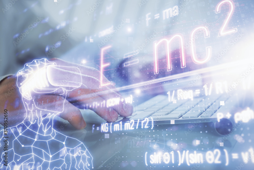 Aufkleber science formula hologram with man working on computer on background. education concept. double expos