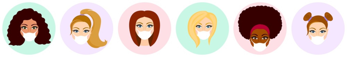 New normal wearing mask icons set. Women wearing masks. Racial diversity