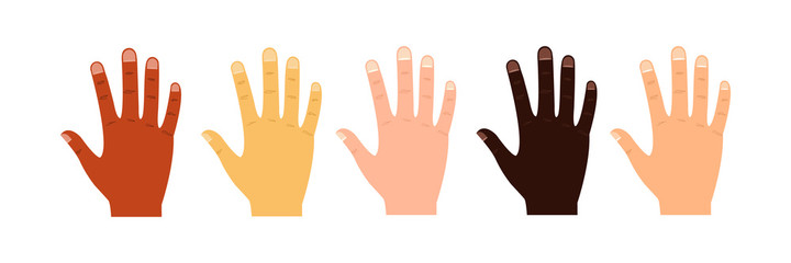 Hands of diverse group of people set. Partnership an unity world human concept vector illustration isolated on white. Stop racism concept. Banner against racism and discrimination. Different races arm