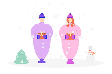 Flat couple in winter clothes with gifts in hands near with christmas tree and snowman. Happy new year theme. Cute cartoon characters. V
