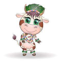 Cute bull character on white background. Cheerful ox dancing. 2021 Lunar Year animal symbol.