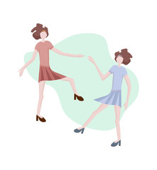 Fototapeta na wymiar Two modern young girls dancing. Dance moves, fun and entertainment. Women's friendship and shared leisure, party. Concept for a banner, website design or target web page.