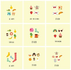 Be Happy. So good. Good luck. Hand drawn doodle pre made logo in cartoon style and flat design