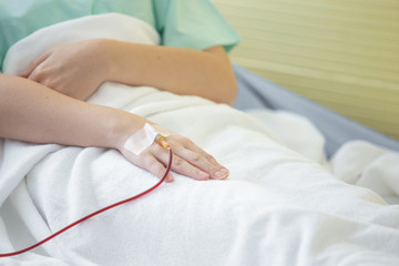 close up hand patient with hemodialysis on the hospital bed.