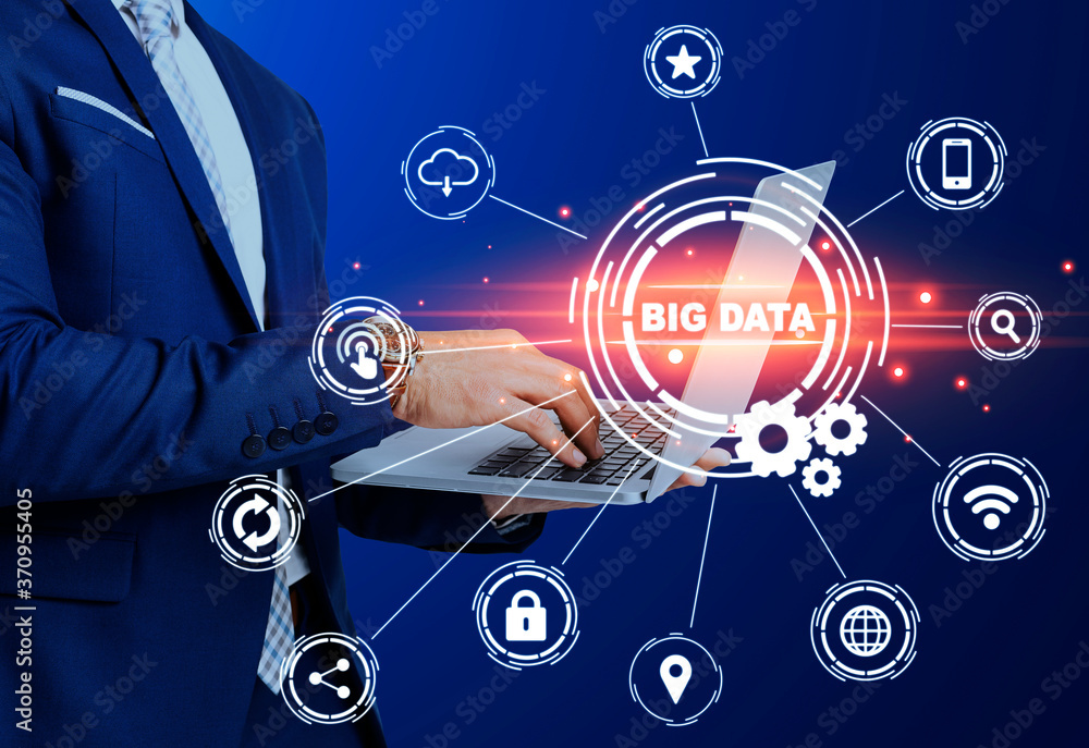 Poster modern technologies. businessman using laptop and big data pictograms on trnsparent screen. collage