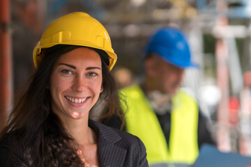 Front view portrait of a smiling and cute female factory worker wearing a yellow protective helmet...