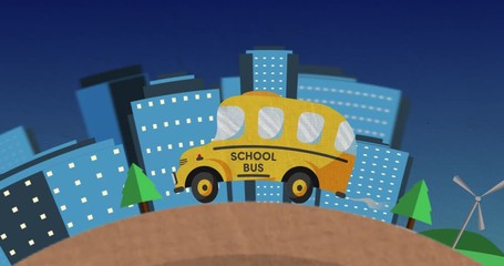 Animation of school bus driving in cityscape - Powered by Adobe