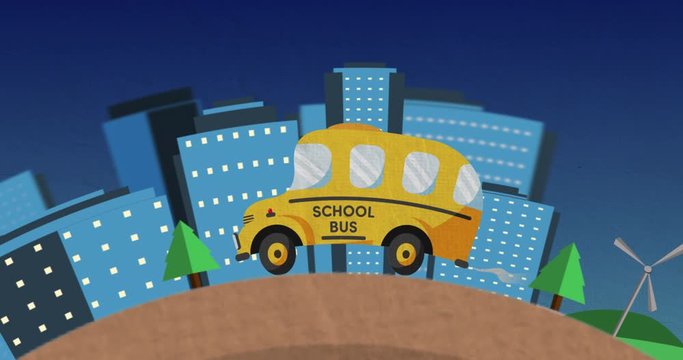 Animation of school bus driving in cityscape