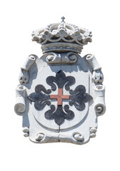 Relief with Order of Montesa emblem attached to Academy of Valladolid building. Blue light greek cross in gules with fleur-de-lis at its ends