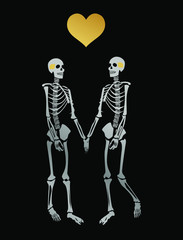 illustration with two skeletons in love on the theme of love and relationships.