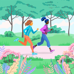 Naklejka na ściany i meble Vector illustration of running girls in a summer Park, square with decorative leaves and herbs. Slender beautiful athletes jogging in the outdoor.
