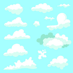 Set of white clouds in the sky. Isolated cartoon drawings on blue background