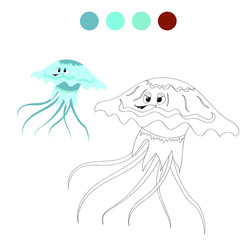 Happy jellyfish cartoon image. Coloring book page with isolated medusa on a white background