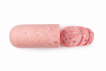Boiled sausage isolated on white background. Slices.