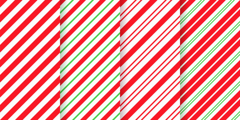 Candy cane stripe pattern. Seamless Christmas texture. Vector. Red green peppermint wrapping paper. Xmas holiday background with diagonal lines. Set caramel package prints. Geometric illustration.