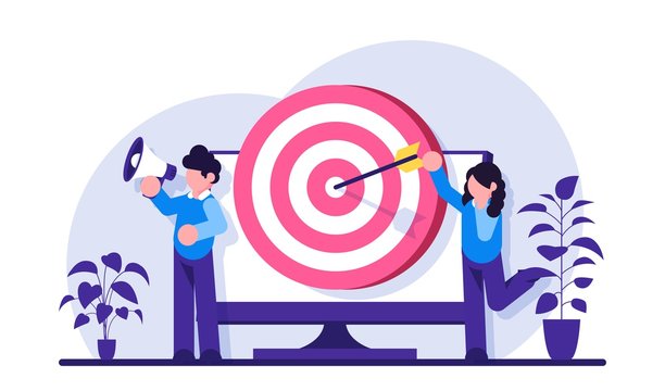 Addressable Advertising concept. Male and female marketers advertise a product or service. Arrow-struck target on the monitor screen. Modern flat illustration.