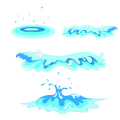 Set with water waves. Spray, splash, surge and circles on the water