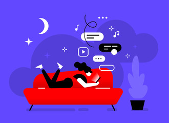 vector illustration of a woman on sofa with smart phone, people communication 