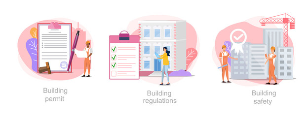 Construction business vector illustration. Set of construction processes building permit, building regulations, building safety.