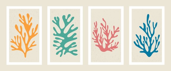 Fototapeta na wymiar Abstract coral posters. Contemporary organic shapes and scribbles Matisse style, colorful corals. Graphic vector illustration