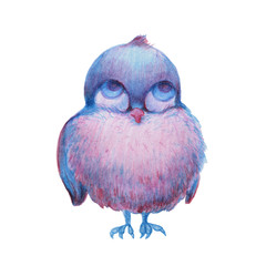 Illustration of a cute blue little bird painted by crayons against white background.  - 370958428