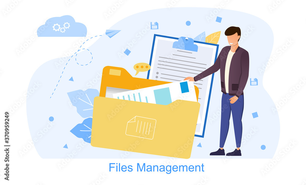 Poster files management vector illustration. concept of work with documents in business company