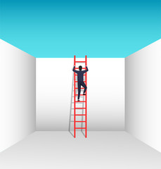 Businessman character climbing a ladder to escape from problem vector illustration. Find the best solution in business