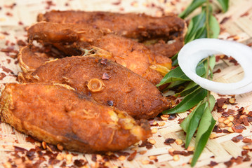 Kerala Fish fry India. fresh seafood curry served in house boat of Alappuzha. King or Barracuda...