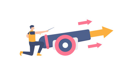 the concept of locking targets, goals, business launches. illustration of a man shooting an arrow using a cannon. flat design. can be used for elements, landing pages, UI, websites