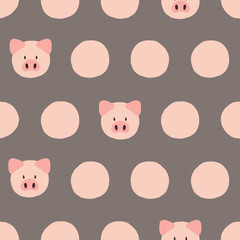 Seamless polka dot pattern with cute pigs. Vector illustration for kids design.