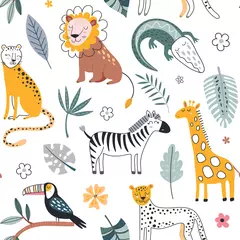 Tapeten Cute vector seamless pattern with safari animals, alligator, leopard, zebra, lion, giraffe and tropical plants. © Andrei