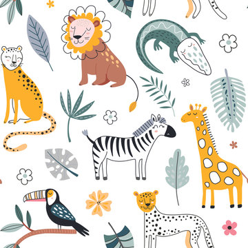 Cute vector seamless pattern with safari animals, alligator, leopard, zebra, lion, giraffe and tropical plants.