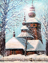 Fine art. Oil painting. Beautiful scenery with a wooden church in a winter forest by frozen and covered snow trees in a frosty sunny day