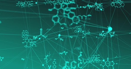 Chemical formulas move in space, science and mathematical research and development concepts. Video loop - Powered by Adobe