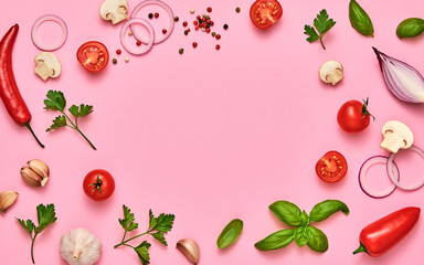 Obraz na płótnie Canvas Tomato, basil, spices, bell chili pepper, garlic. Vegan diet food, creative composition on pink. Fresh basil, cherry tomatoes, bell pepper layout, cooking colorful concept, top view.