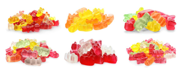 Set with delicious jelly bears on white background. Banner design
