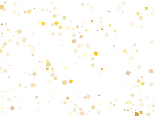 Stylish gold confetti sequins tinsels scatter on white. Glittering New Year vector sequins background. Gold foil confetti party glitter pattern. Many particles surprise backdrop.