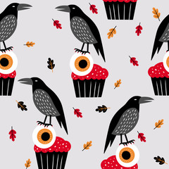 Halloween seamless pattern with crows and cake. Vector holiday illustration for Day of the dead or Halloween. Vector hand drawn illustration.