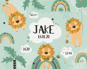 Cute baby lions with rainbow and clouds. Vector print for baby shower. Birth poster - newborn metric poster. Greeting card.