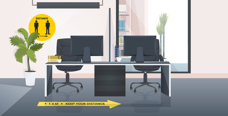 workplace desk with signs for social distancing yellow stickers coronavirus epidemic protection measures office interior horizontal vector illustration