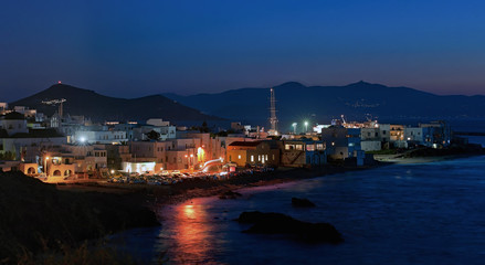 Panoramic night scene of Chora, Naxos, Greece