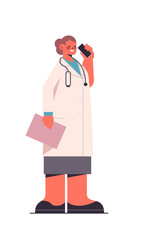 female doctor in uniform holding clipboard and talking on phone healthcare medicine concept happy woman medical worker standing pose vertical isolated full length vector illustration