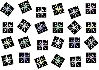 Fototapeta premium Set of 24 black Christmas parcels with colorful ribbons and snowflakes, cartoon style, isolated