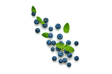 Blueberry isolated on white. Fresh blueberry closeup, healthy diet concept. Ripe organic bilberry, mint leaf creative composition. Juicy berries background, top view.