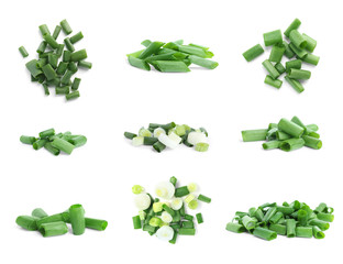 Set of cut green onions on white background