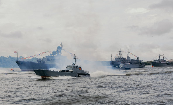 Russian Warships In Volga River In Astrakhan In Summer At Cloudy Day. Russian Military Vessels.