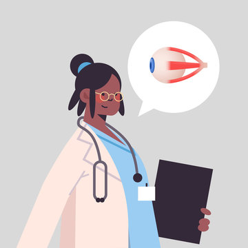 female doctor ophthalmologist and chat bubble with human eye healthcare medicine concept portrait vector illustration