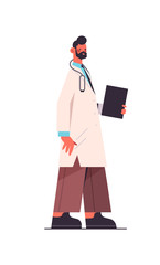 male doctor in uniform holding clipboard healthcare medicine concept man medical worker standing pose vertical isolated full length vector illustration