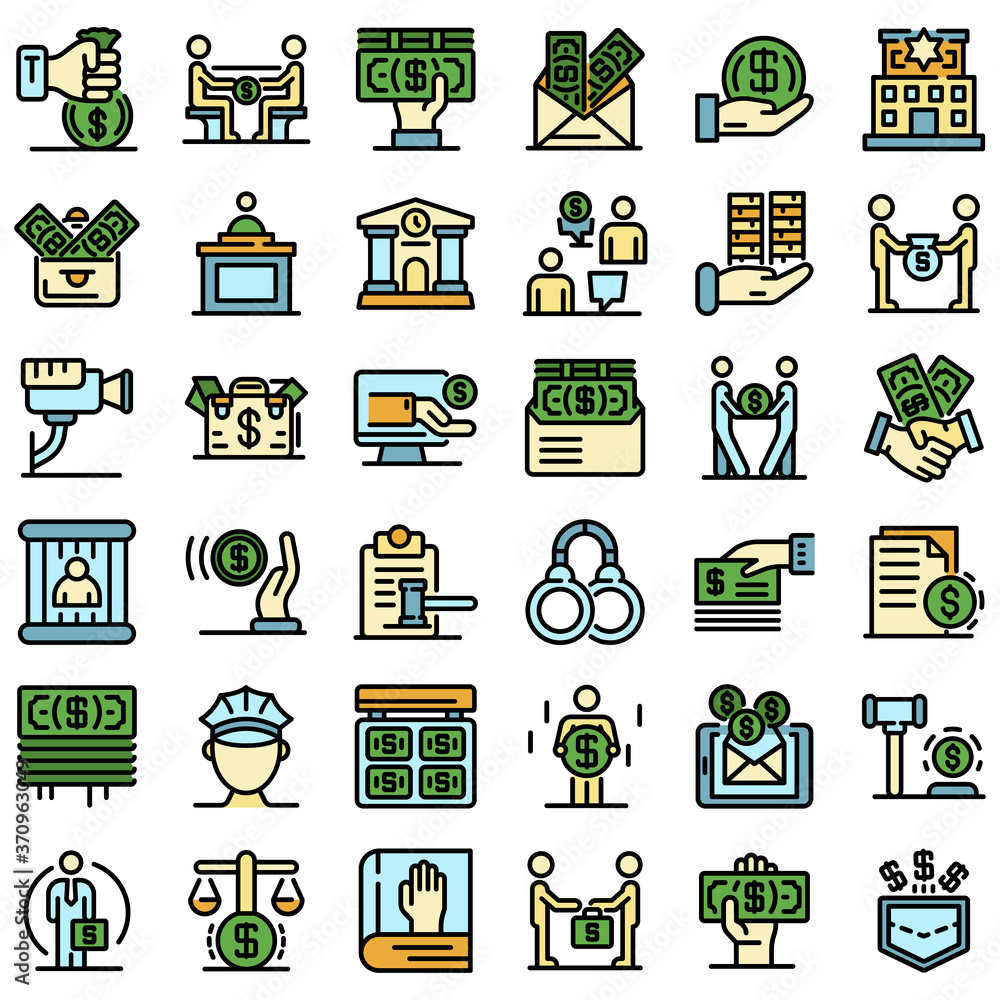 Poster bribery icons set. outline set of bribery vector icons thin line color flat on white