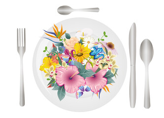 Tischgedeck mit Besteck und buntem Blumenbouquet